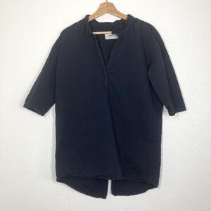 Humanoid Blouse Womens Medium Navy Cotton Silk Tunic 3/4 Sleeve Ruffle Neck